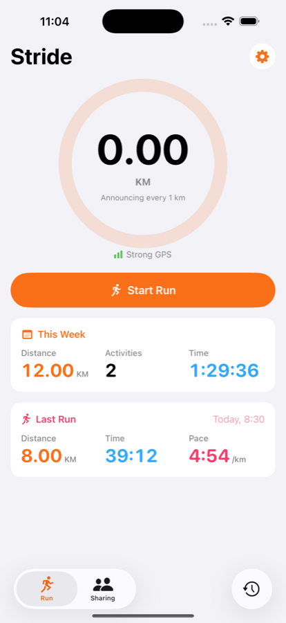 Stride's home screen showing the milestone ring and this week's distance