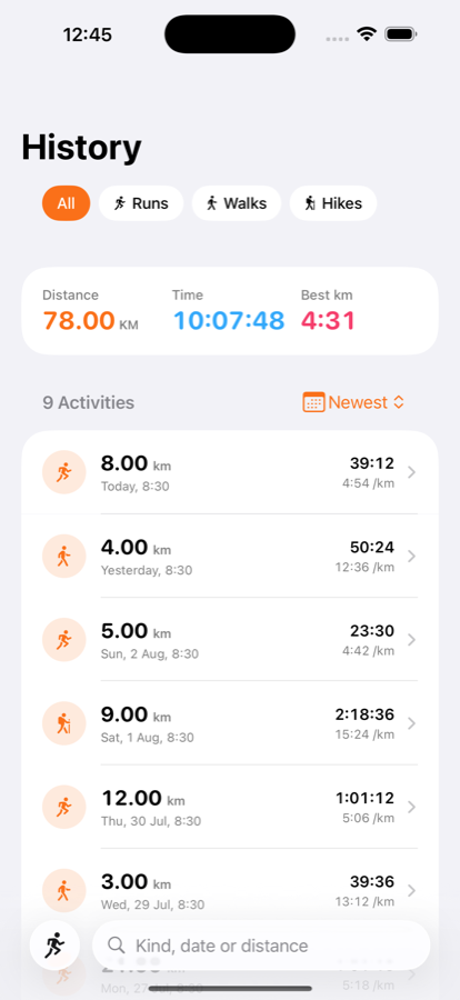 History filtered by activity, showing distance, time and best kilometre